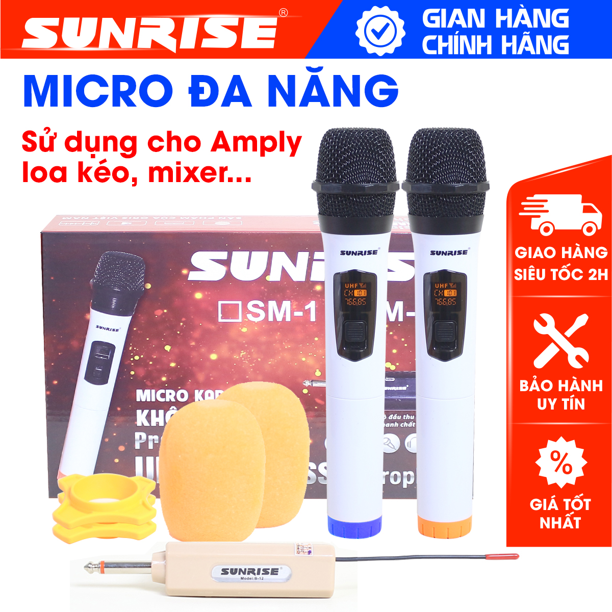 Micro đa năng không dây karaoke sunrise sm-1/sm-2, mic không dây sóng uhf chống hú, hút giọng sử dụng cho loa kéo, amply - sunrise musics
