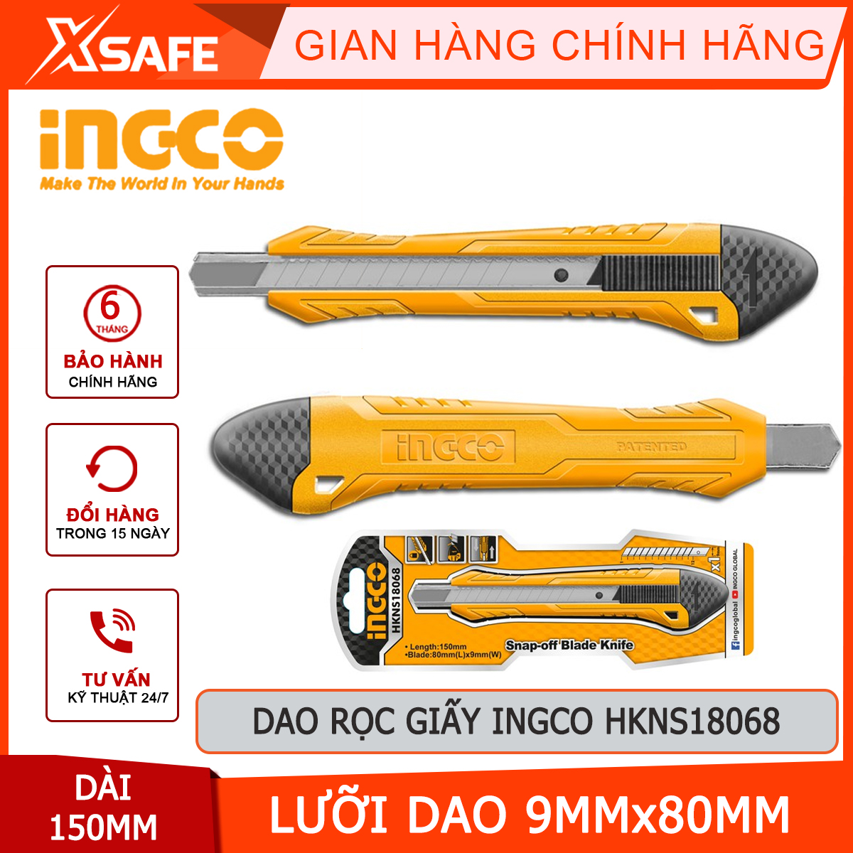 Dao rọc giấy INGCO HKNS18068 dao cắt giấy có chiều dài 150mm, kích thước lưỡi 9mmx80mm sắc bén, nhỏ gọn, độ bền cao và an toàn khi sử dụng