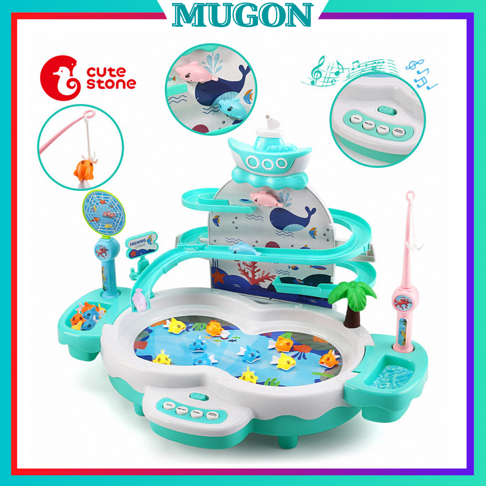 Bộ đồ chơi trò chơi câu cá điện tử cho trẻ em câu cá điện tử DEERC & Stone dễ thương với 2 gậy câu cá đồ chơi và cầu trượt cho bé trai 2-3 tuổi ， Cá heo leo cầu thang từ tính Hồ bơi trẻ em Đồ chơi giáo dục với câu chuyện âm nhạc cho trẻ em