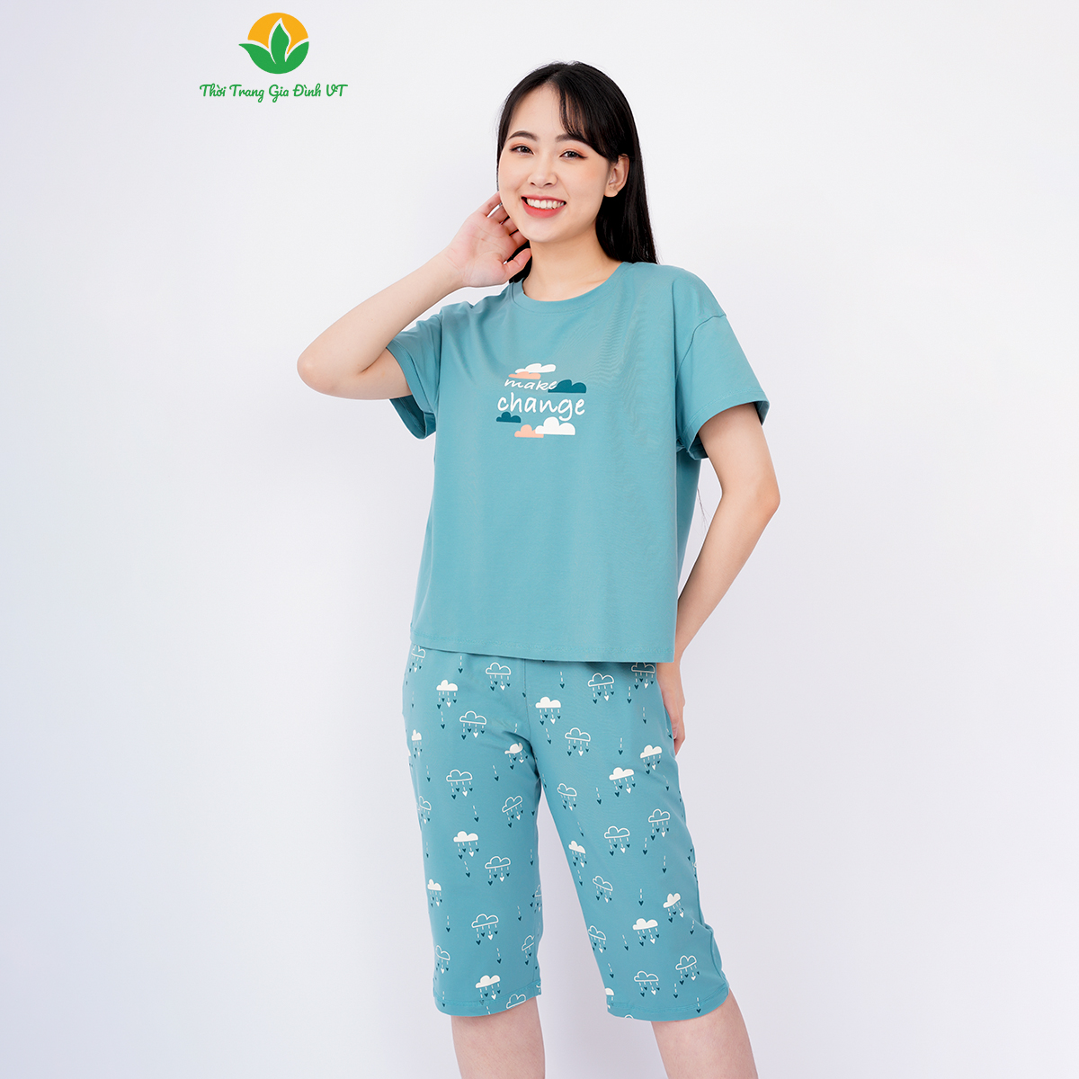 Bộ đồ nữ mùa hè Việt Thắng, quần lửng, áo cộc tay chất Cotton dệt kim in hình - B46.2309