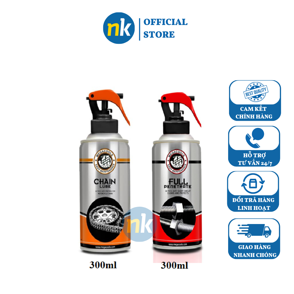 Combo chai bảo dưỡng sên Megacools Chain Lube 300ml và xịt vệ sinh sên Megacools 300ml- chuyên dùng cho xe sên xích trần sên sích phốt cao su xe Exciter Winner Sirius mô tô PKL