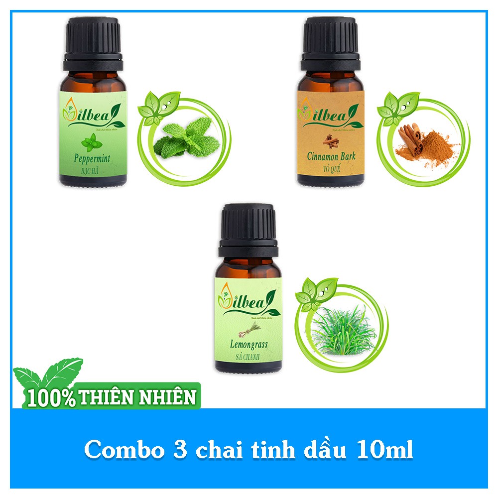 Combo 3 lọ tinh dầu: bạc hà, sả chanh, vỏ quế 10ml