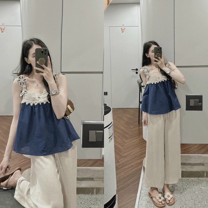 Set bộ áo Dây viền ren mix quần ngắn, dài chất đũi mùa hè mát mẻ