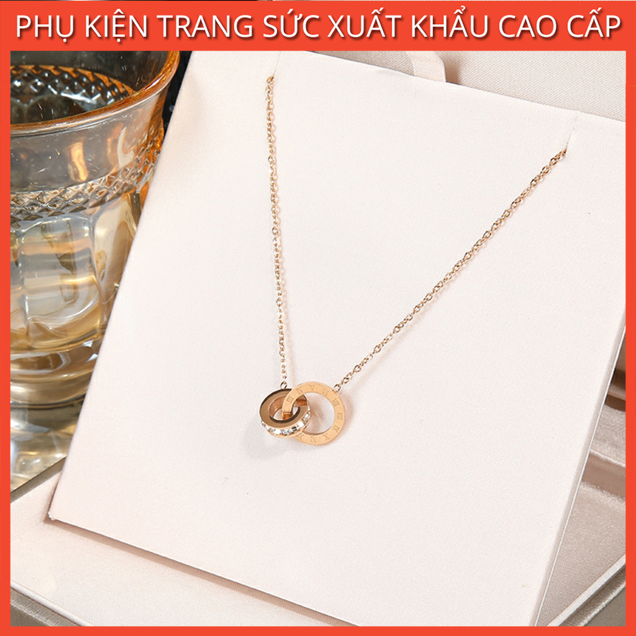 Dây chuyền nữ, vòng cổ titan ko đen 2 mặt đính đá lồng nhau cá tính