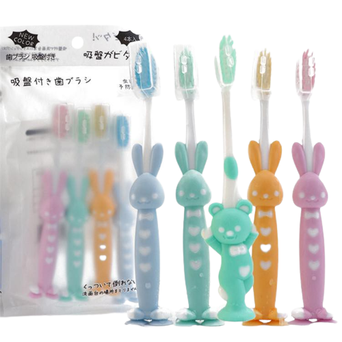 Set 4 Bàn Chải Đánh Răng Hình Thú Thiết Kế Lông Siêu Mềm Cho Bé Kèm Túi Zip