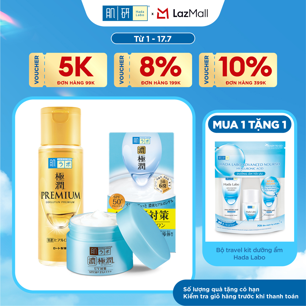 [VB] Bộ đôi dưỡng da ẩm mịn Hada Labo Koi-Gokujyun Nhập khẩu( Kem dưỡng ẩm chống nắng UV White Gel 90g + Dung dịch dưỡng ẩm tối ưu Premium Lotion 170ml)
