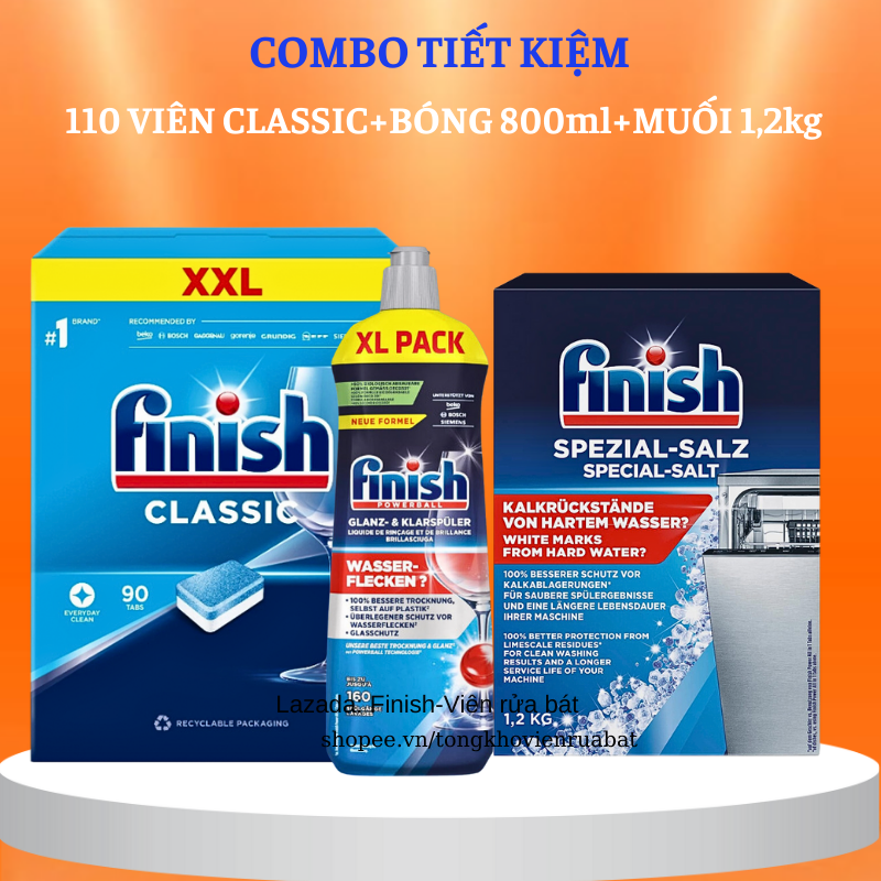 Combo Viên rửa bát Finish Classic 90 viên+Bóng Finish 800ml+Muối Finish 1,2 kg chuyên dùng cho máy rửa chén máy rửa bát