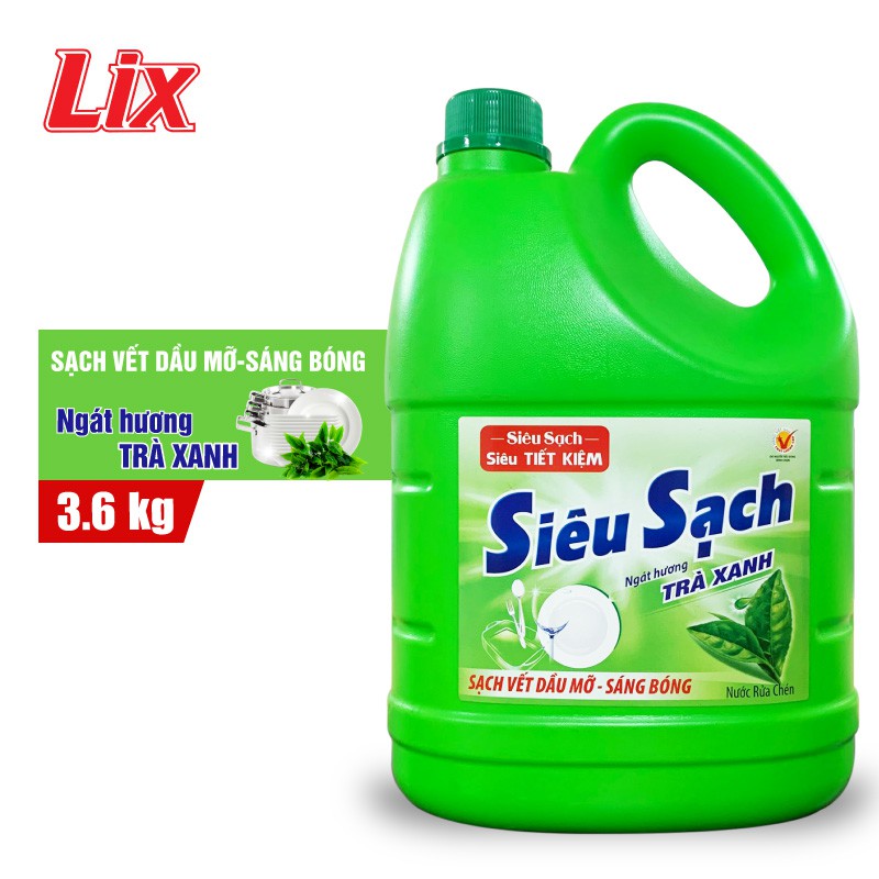 Nước rửa chén Lix bình 3.6Kg siêu sạch Trà Xanh đánh bay vết bẩn dầu mỡ dịu nhẹ da tay