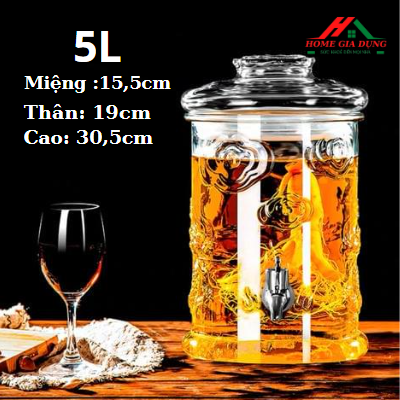 Bình ngâm thủy tinh 5 lít có van & không van dáng trụ hoa văn rồng