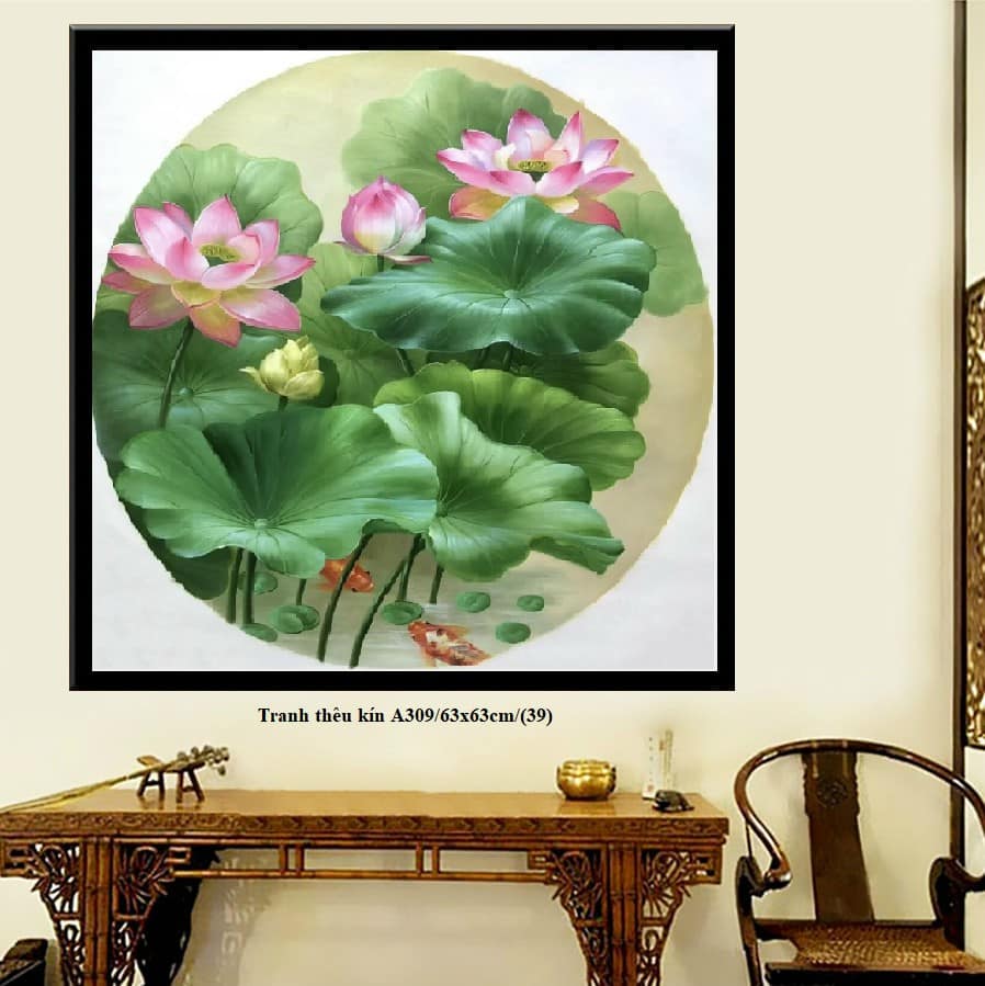 Tranh thêu chữ thập hoa sen a309-63x63cm