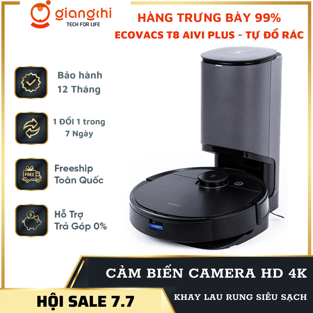 [Trả góp 0%] ROBOT HÚT BỤI LAU NHÀ TỰ ĐỘNG ĐỔ RÁC ECOVAC T8 AIVI PLUS 99% - BẢO HÀNH 12 THÁNG TẠI GIANG CHI ECOVACS'S HOUSE