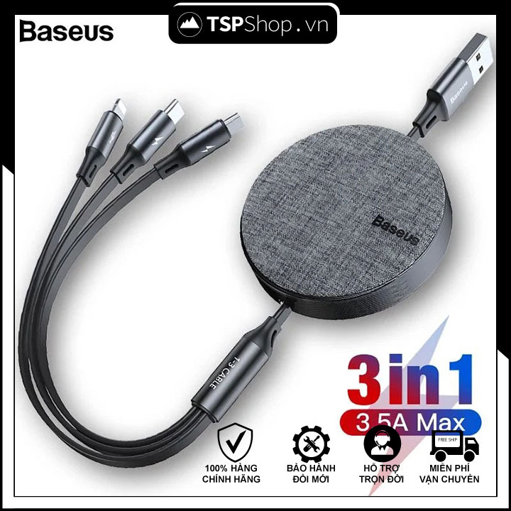 Cáp sạc dây rút baseus fabric 3-in-1 flexible cable tích hợp 3 đầu type c / micro usb/ lightning 3.5a 1.2m