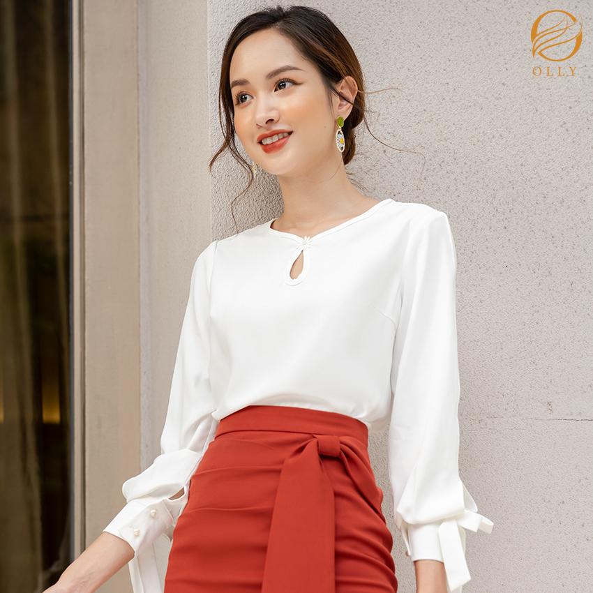 [KHUYẾN MẠI SỐC] Áo sơ mi nữ cổ tròn dài tay nơ măngset OLLY OBA20.009