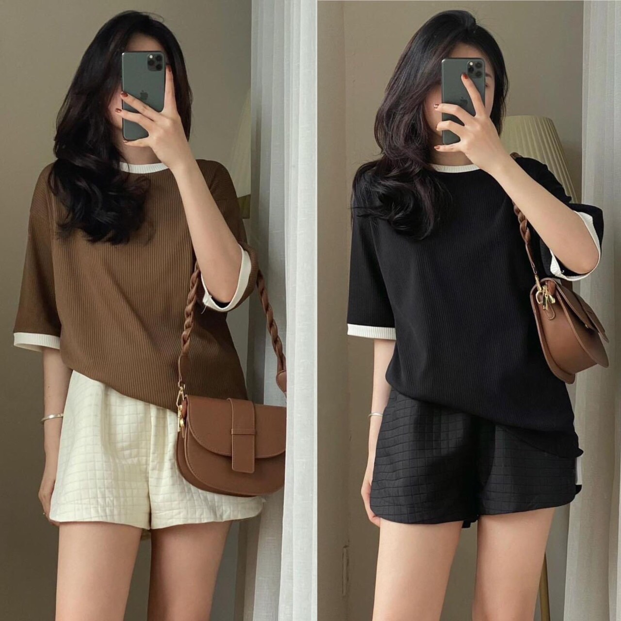 Áo thun gân viền trắng - leda