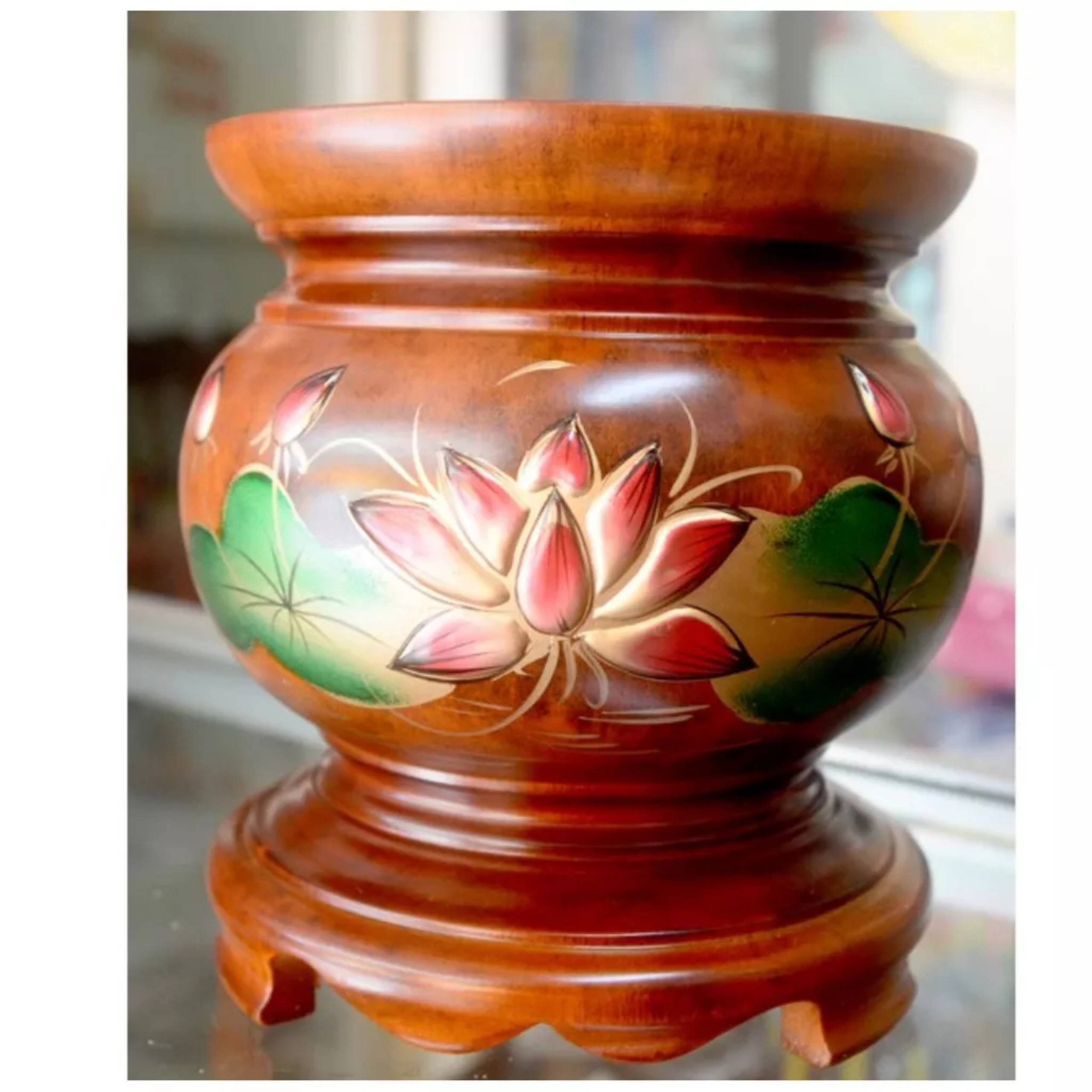 Lư hương gỗ thờ cúng khắc nổi hoa sen