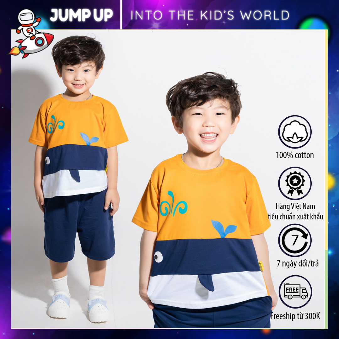 Bộ thun cá heo bé trai, bộ đồ cotton con thú đáng yêu cho bé, quần áo trẻ em siêu cute đáng yêu jump up