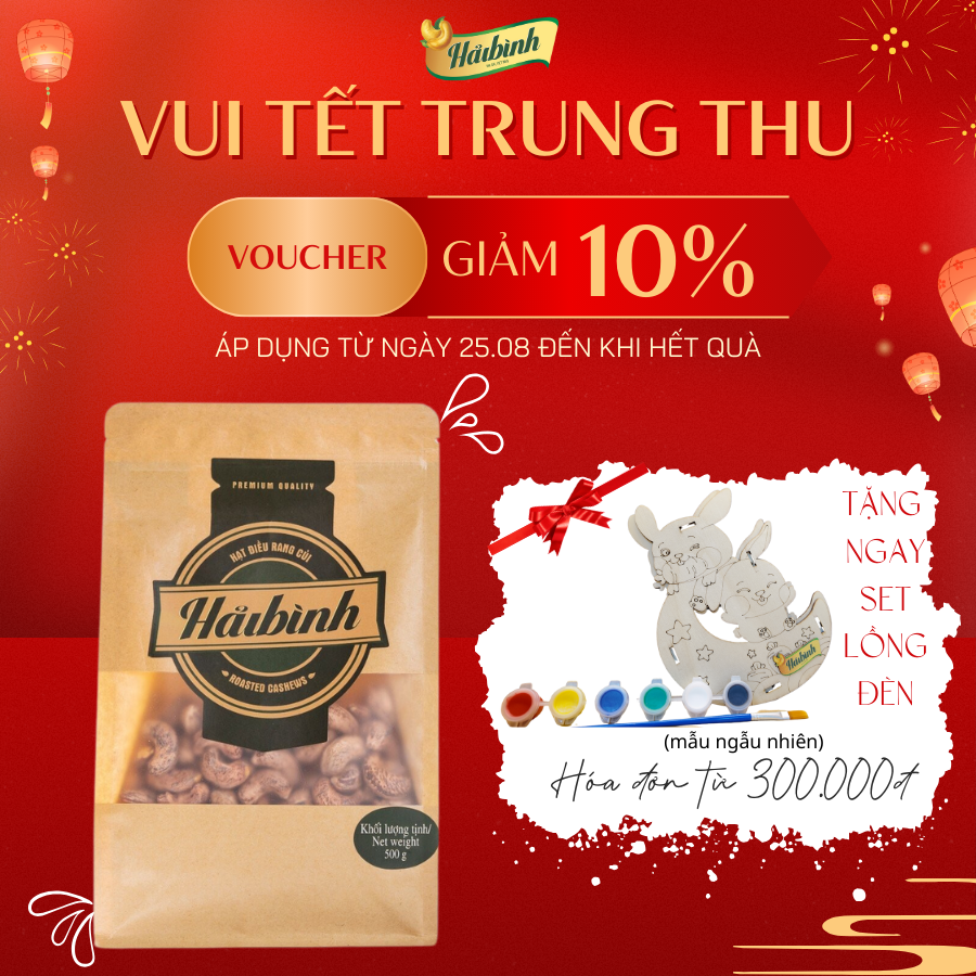 Hạt điều rang củi Hải Bình Gia Lai gói Zipper giấy 500g - Hạt điều rang củi tự nhiên,an toàn,món ăn vặt thơm ngon, bổ dưỡng tròn vị