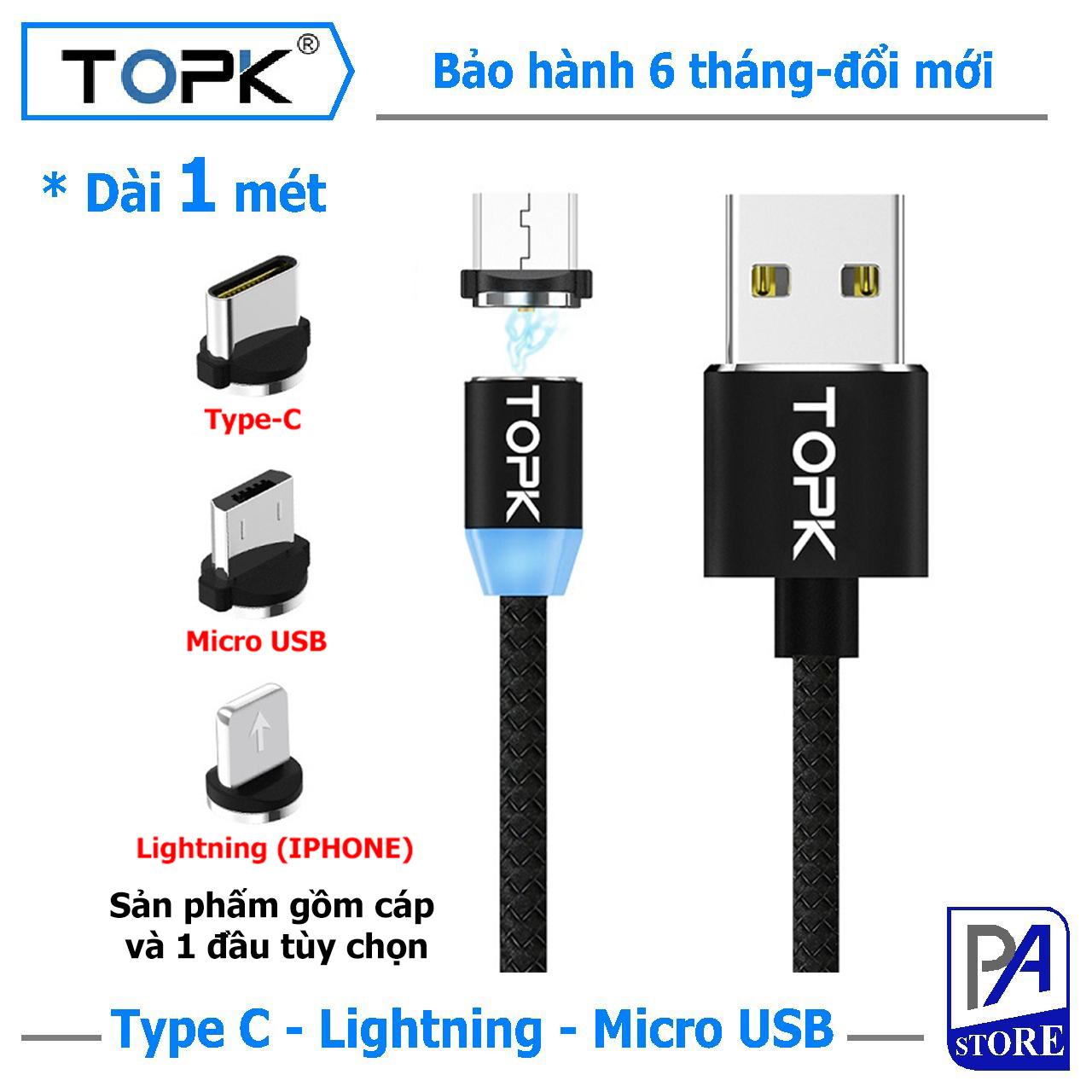 Cáp Sạc Nam châm TOPK, Dài 1 mét, Đầu Thẳng (1 Trong  3 Đầu Iphone Lightning, Micro USB, Type C)