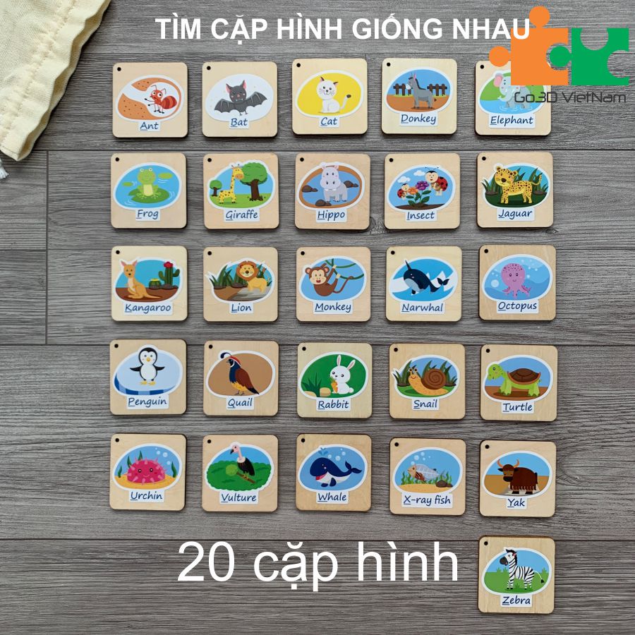 Trò chơi tìm cặp đôi bằng gỗ - Bảng chữ cái Tiếng Anh hình các con vật