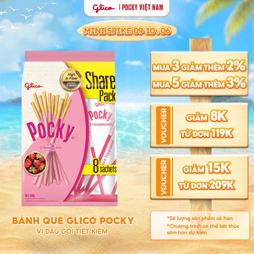 Gói lớn tiết kiệm - Bánh Que Glico Pocky Vị Kem Dâu (168g/Túi 8 gói)