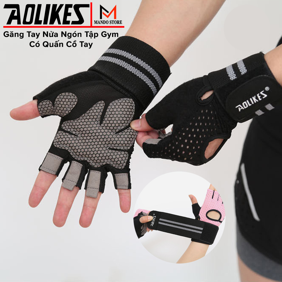 Găng Tay Nửa Ngón Tập Gym Cao Cấp Hãng Aolikes,  Găng Tay Tập Tạ Tích Hợp Quấn Cổ Tay Bảo Vệ Cổ Tay AL113 (1 Đôi)