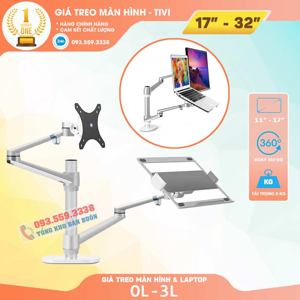 Giá Treo Màn Hình OL 3L 15 - 24 - 27 - 32 Inch Kèm Kệ Đỡ Laptop - Macbook - Ipad 11 - 17.3 Inch - Hợp Kim Nhôm