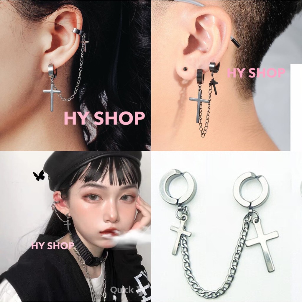 Khuyên 2 Kẹp Tai Titan Nam Nữ 2 Thánh Giá - Khuyên Nam Bts- Bông Tai Unisex - Khuyên Vành Titan Không Gỉ