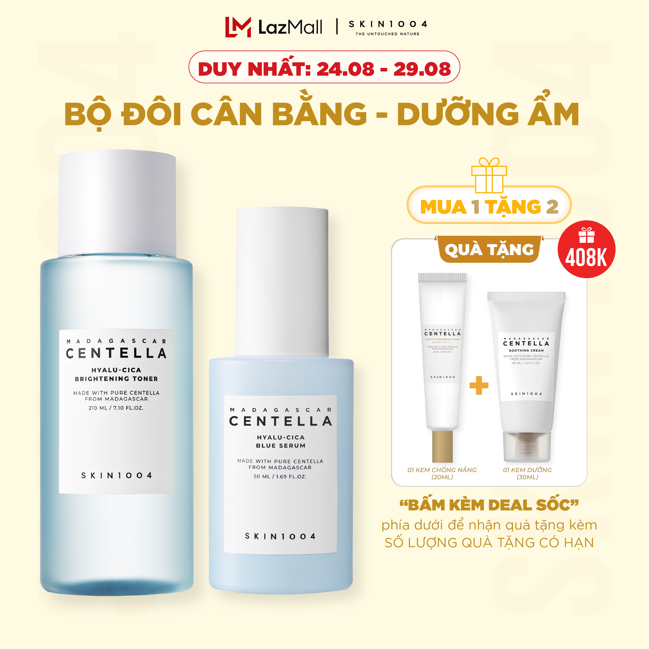 Bộ đôi Skin1004 Madagascar Centella Hyalu-cica - Nước hoa hồng Brightening Toner 210ml + Tinh chất Blue Serum 50ml