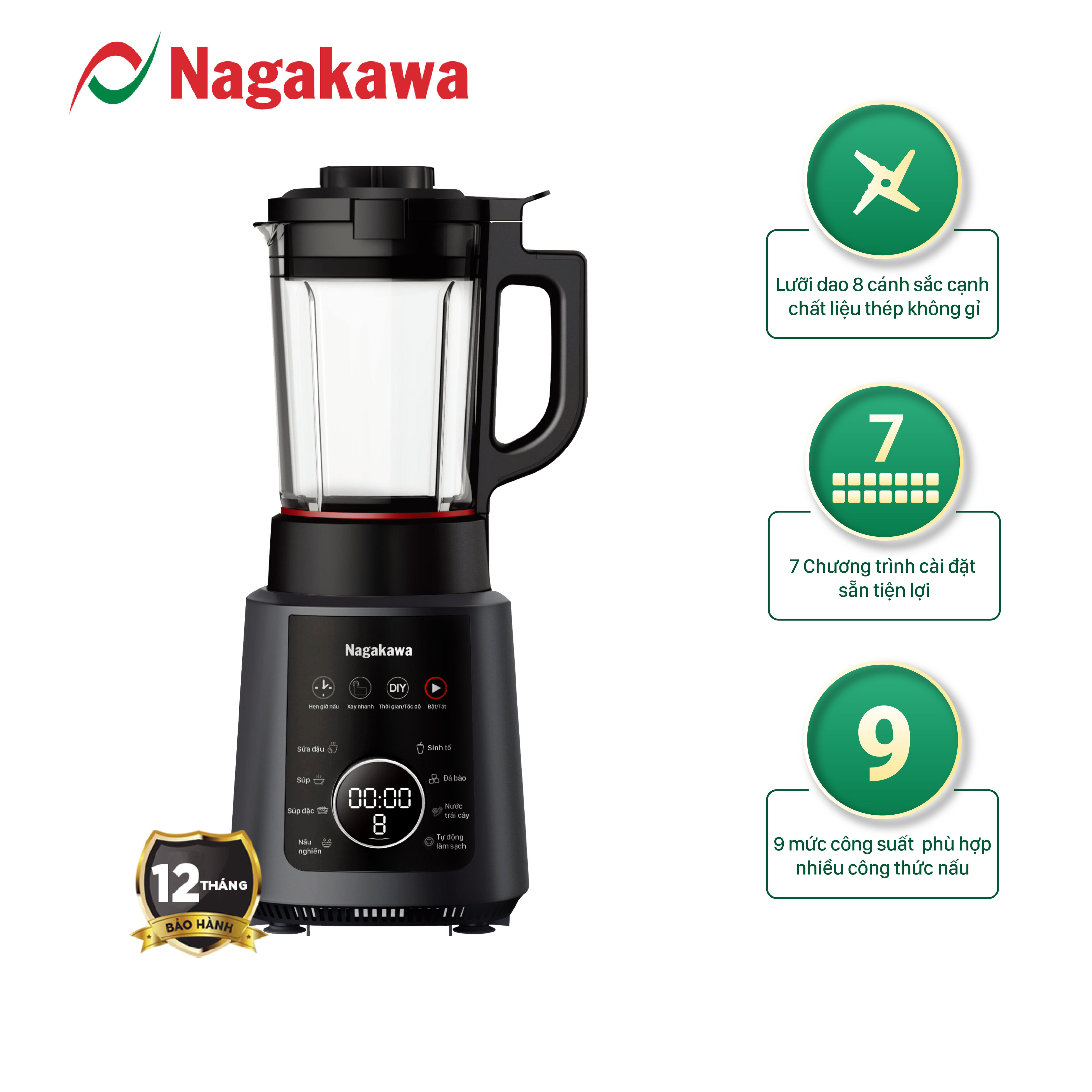 Máy làm sữa hạt đa năng nagakawa nag0824, dung tích 1,2l, công suất 1200w, 8 chức năng, tự làm sạch, bảo hành 12 tháng