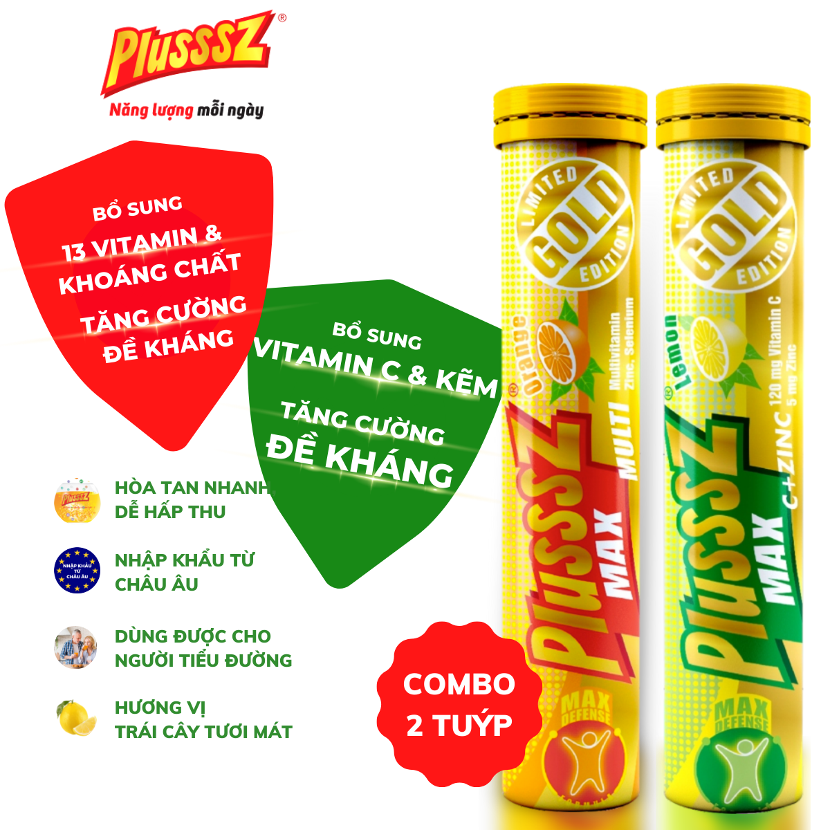 Viên sủi Plusssz Max Multivitamin vị cam không đường – Tăng sức đề kháng + Viên Sủi Plusssz Max Vitamin C & Kẽm ZinC Vị Chanh Không Đường (COMBO 2 TUÝP X 20 VIÊN SỦI)