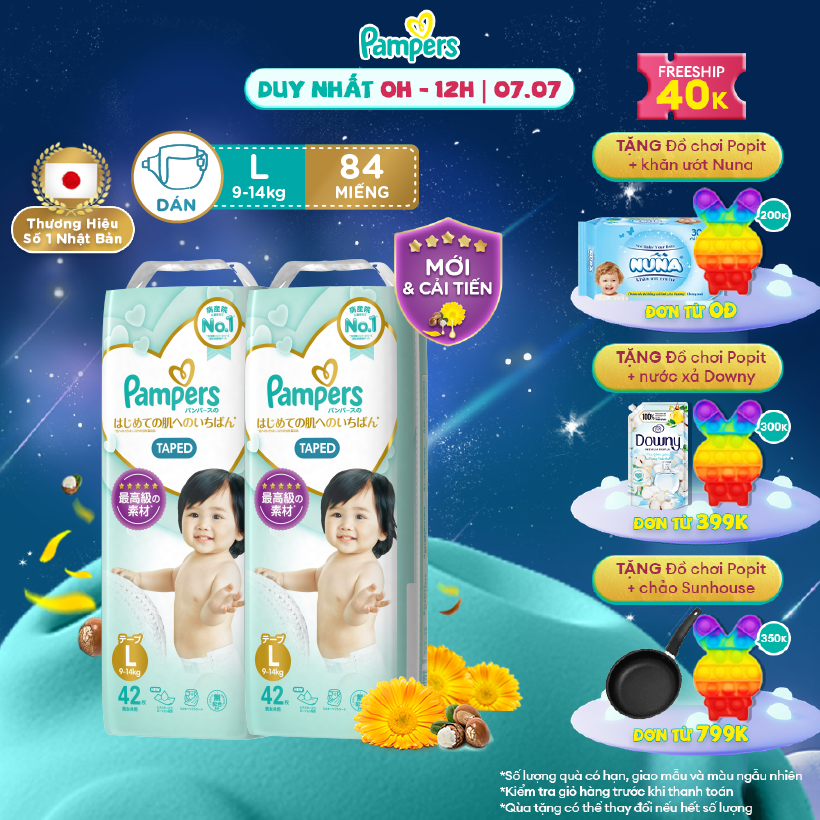 [7.7-9.7 MUA LÀ CÓ QUÀ] Combo 2 Tã/ Bỉm Dán PAMPERS Nhật Thượng Hạng Size L (42 miếng 9-14kg) Siêu Mềm Mịn & Thoáng Khí