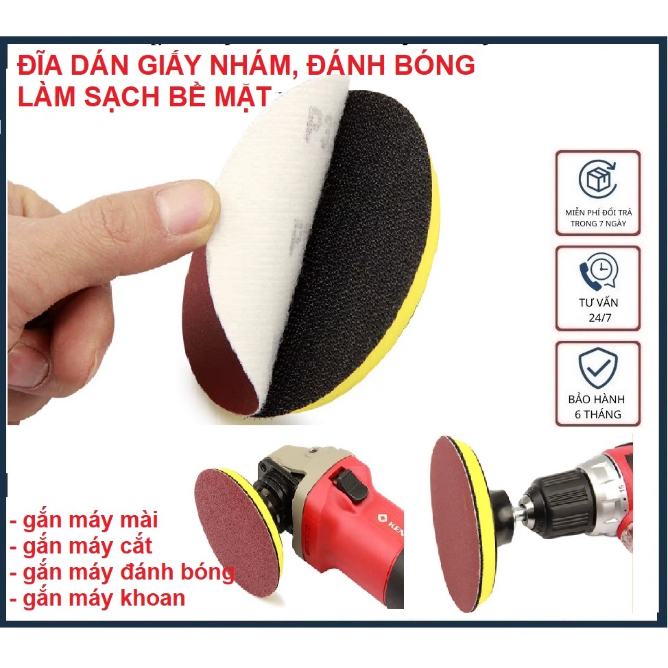 Đế dán chà nhám và giấy nhám tròn, đế đánh bóng tự dính, đế chà tự dính giáp, đế nhám gai 100mm gắn máy mài cầm tay