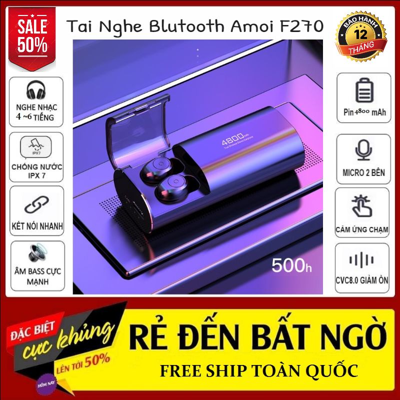 (Siêu Phẩm Tai Nghe) Tai Nghe Bluetooth AMOI F270 - Tai Nghe Kiêm Sạc Dự Phòng 4800 mAh - Tai Nghe Bluetooth Chống Nước, Mồ Hôi - Tai Nghe Bluetooth 5.0 Nghe Nhạc Cực Đã - Tai Nghe Tích Hợp Với Tất Cả Các Dòng Smart Phone - Tai Nghe Pin Trâu