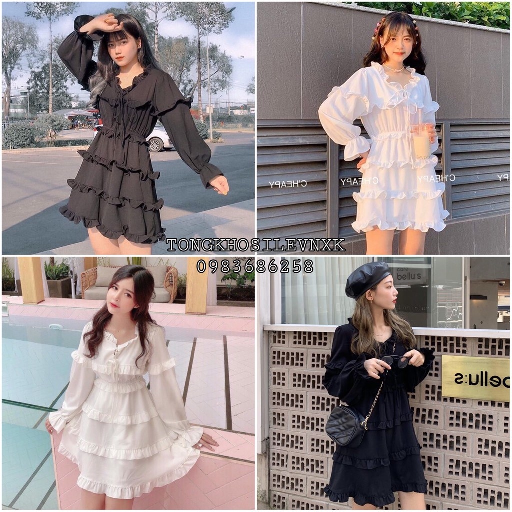 Đầm babydoll xy - váy 3 tầng bèo xoè tiểu thư tay dài buộc nơ đen trắng