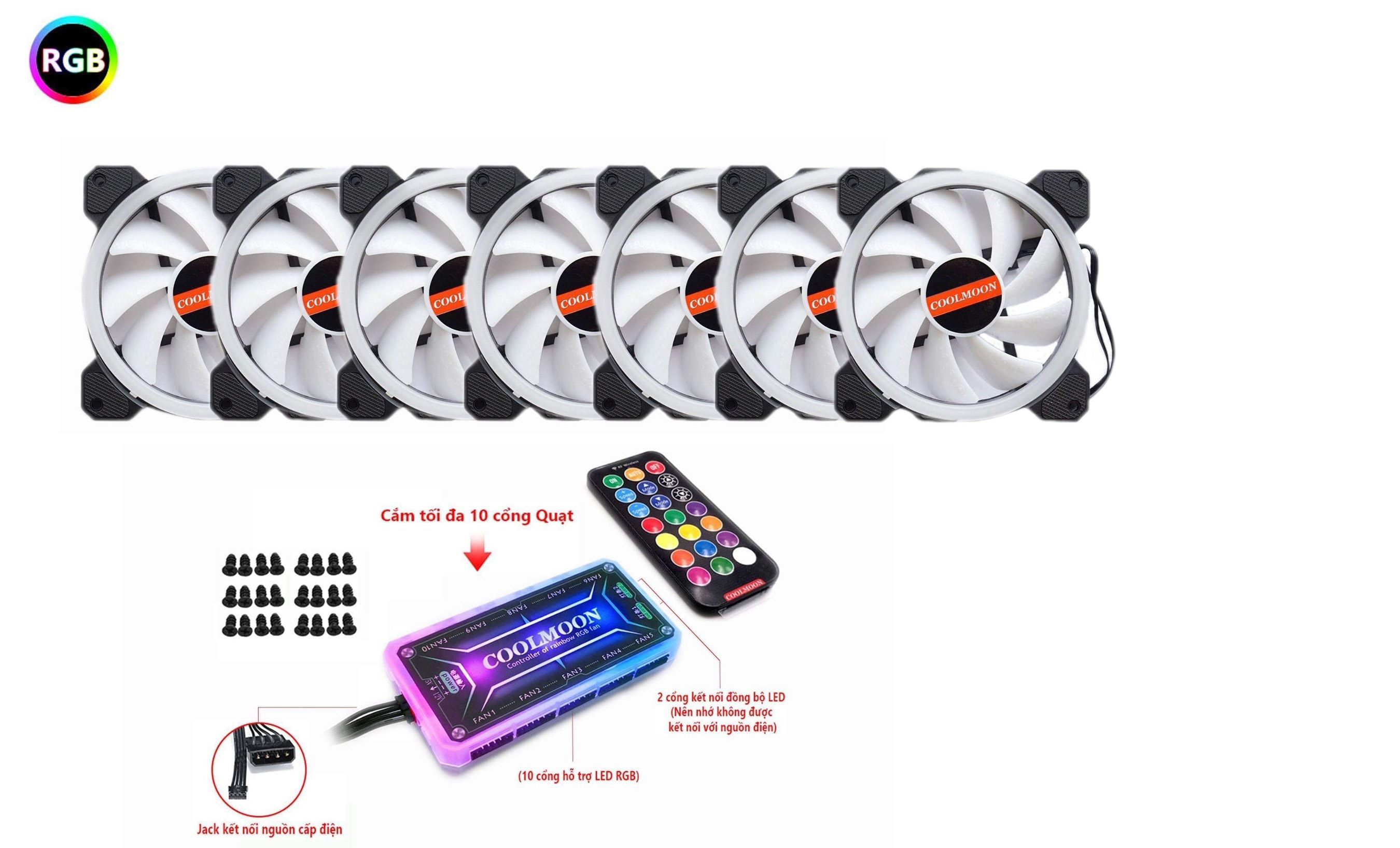 Bộ Kit 7 Fan Led RGB V2 Coolmoon - Có Hub RGB (Bộ Bao Gồm Fan+Hub+Remote+Ốc)