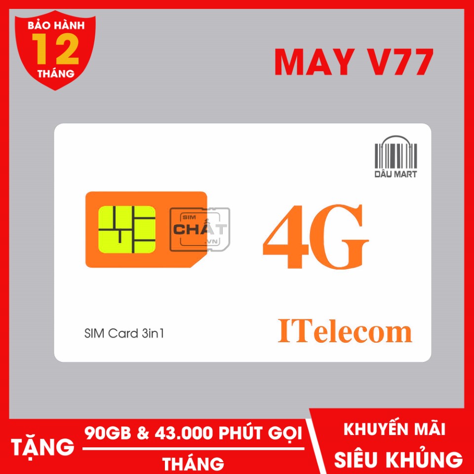 [HCM]SIM 4G MAY V77 ITelecom Free 90GB + Miễn Phí 43.000 Phút gọi/tháng - Giống VD89 VD89P