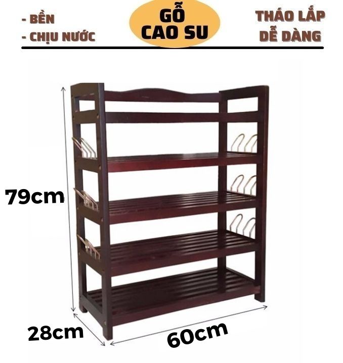 Kệ giày 5 tầng rộng 62cm bằng gỗ có móc sắt ( Nâu), kệ dép phong cách Hàn Quốc, Kệ giày dép 5 tầng 100% gỗ tự nhiên, kệ dép gỗ lắp ráp tiện lợi