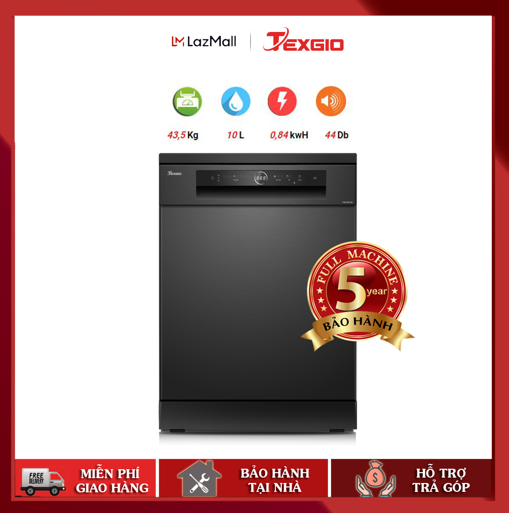 [Trả góp 0%]Máy Rửa Chén Bát 15 Bộ TEXGIO TGF3815B - Miễn Phí Vận Chuyển - Tự Động Hé Cửa - Rửa Chọn Giàn - Điều Khiển Cảm Ứng - Bảo Hành 05 Năm - Tặng Bộ Chất Rửa