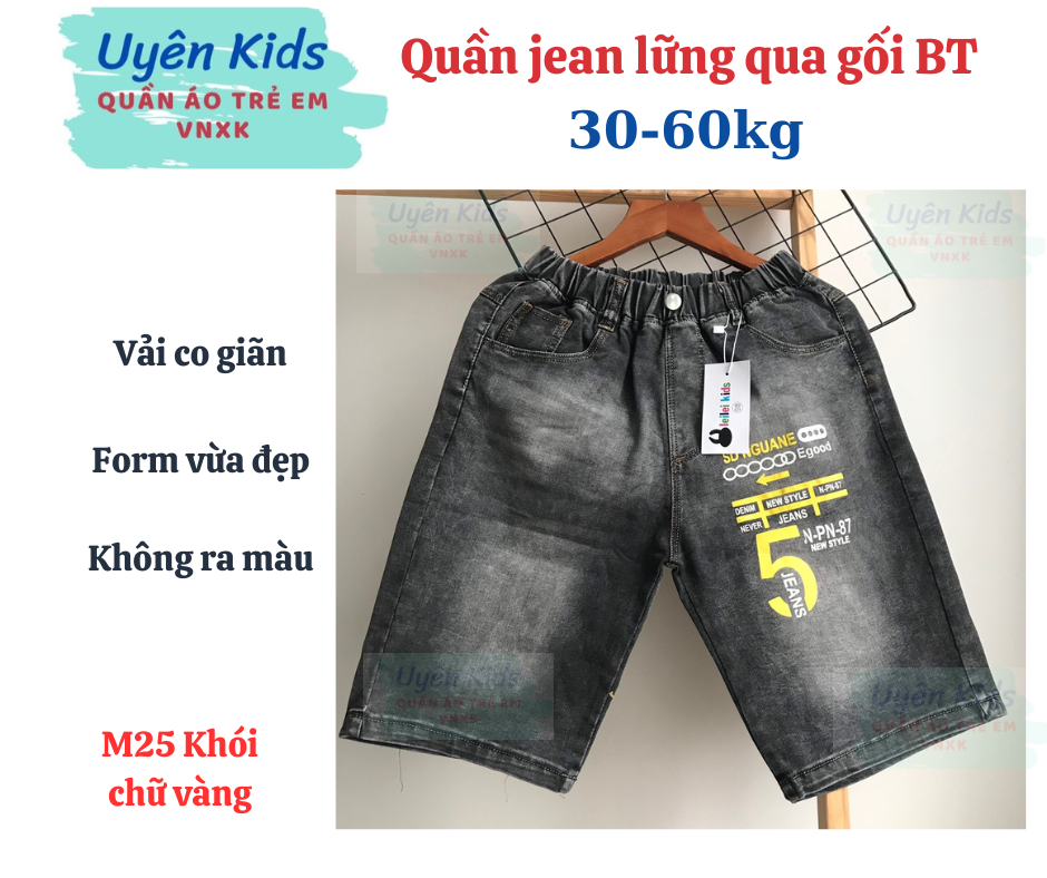 (30-60kg) Short jean cao cấp vải co giãn in chữ cho bé trai 10-16 tuổi