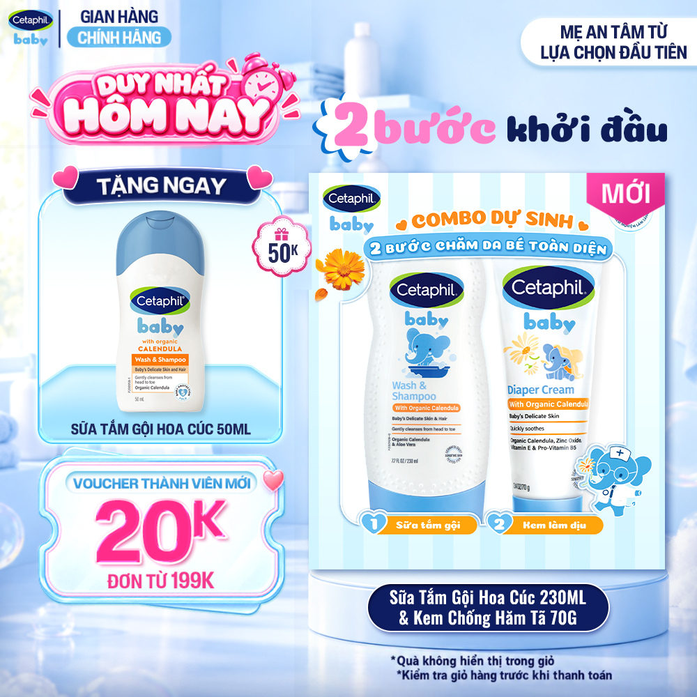 [COMBO DỰ SINH] Combo Sữa tắm dưỡng ẩm dịu lành cho bé với Calendula hoa cúc hữu cơ CETAPHIL BABY WSHAMPOO CALENDULA 230ML  Kem chống hăm tã dịu lành CETAPHIL BABY DIAPER CREAM CALENDULA 70G