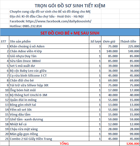 Combo đồ sơ sinh lấy theo nhu cầu