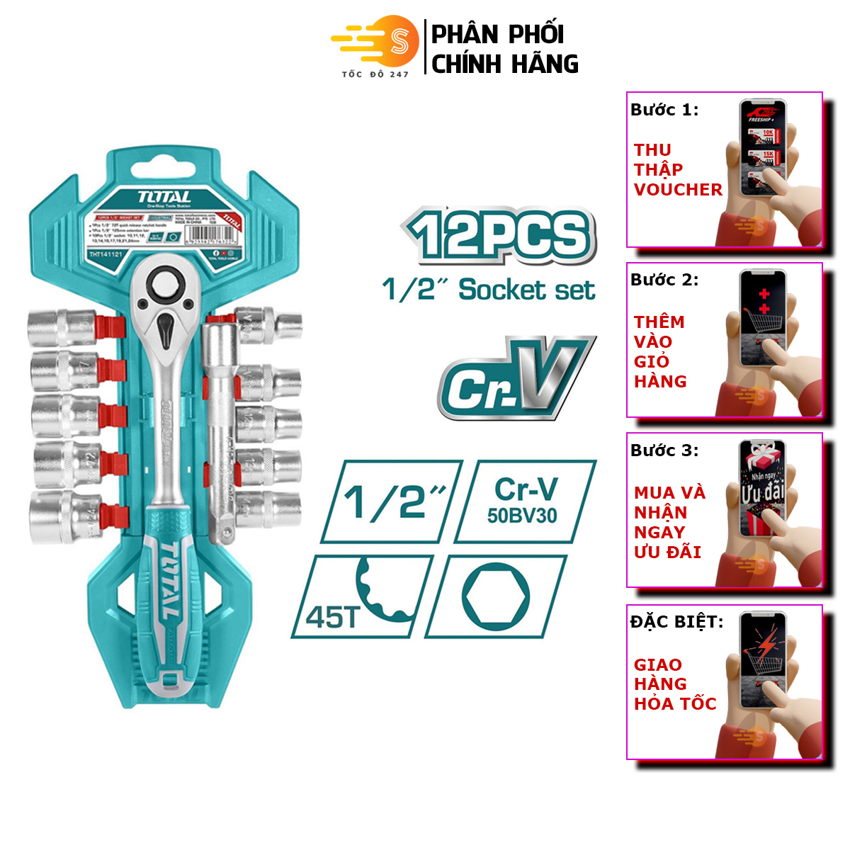 Bộ cần 2 chiều và 12 đầu tuýp 1/2'' làm từ thép cr-v đa năng, tiện lợi total tht141121 - có khay đựng cao cấp, bền bỉ, không biến dạng khi dùng - tốc độ 247