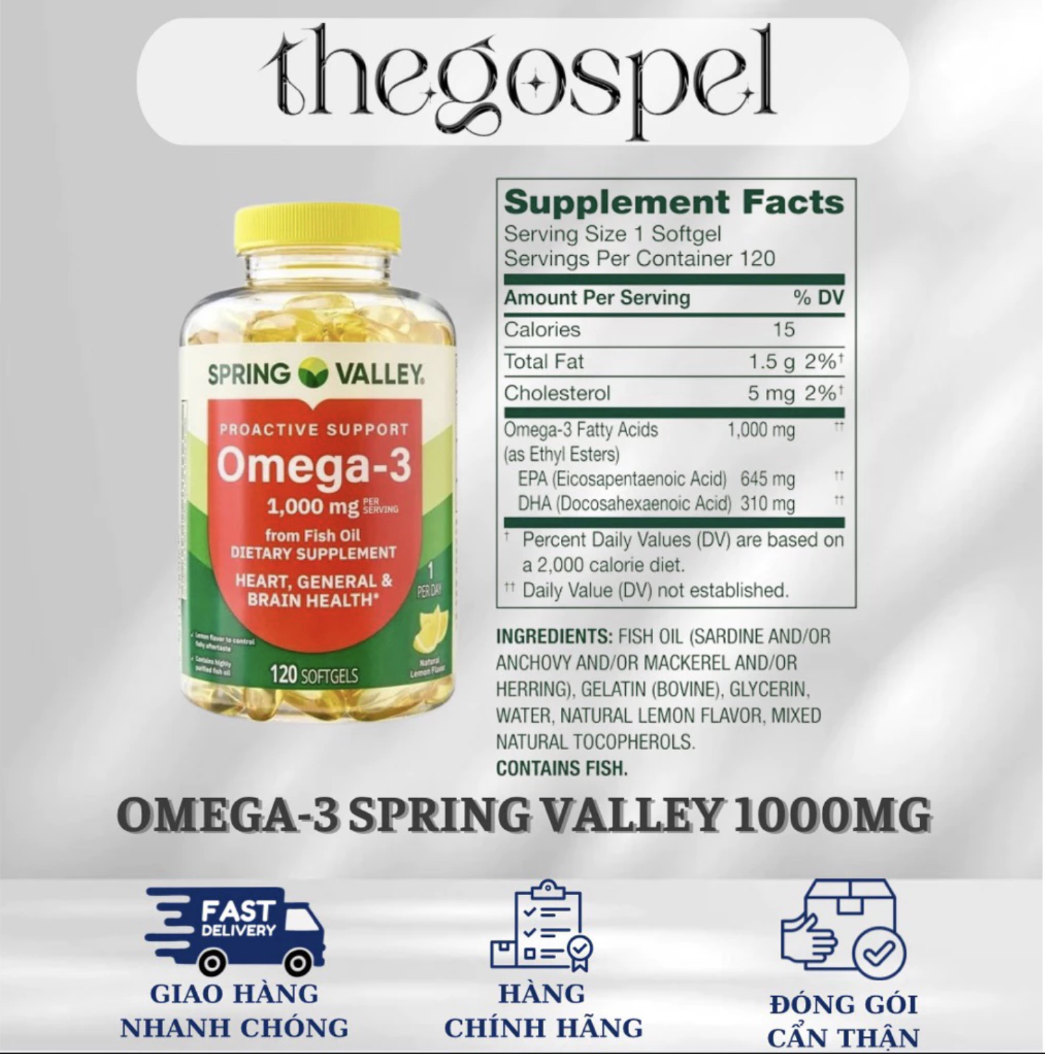 [HÀNG MỸ] Viên uống dầu cá Omega-3 Spring Valley 1000mg | 180 viên