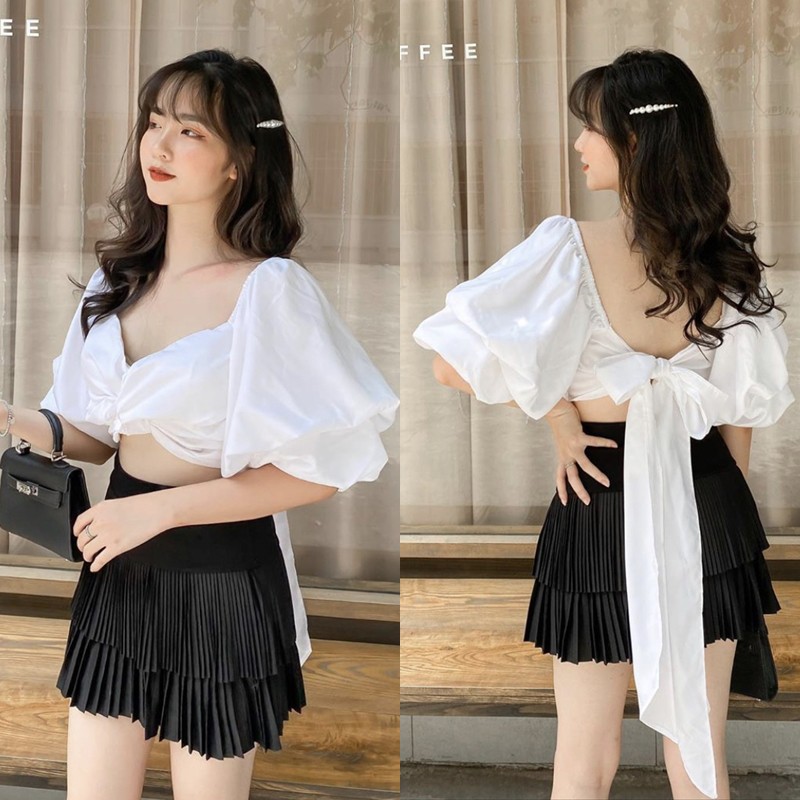 Áo xoắn ngực thắt nơ lưng - mặc 2 kiểu