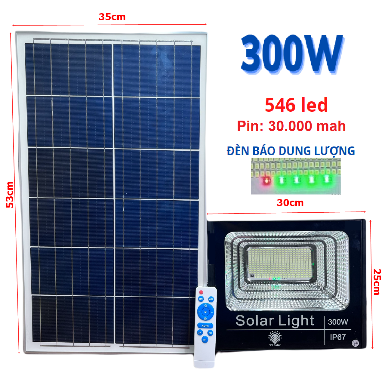 Đèn led Năng Lượng Mặt Trời, Đèn Pha Năng Lượng Mặt Trời công suất 300w kèm tấm pin rời có remote có cảm biến tự động dây nối 5m, BH 2 Năm, Chống nước IP 67