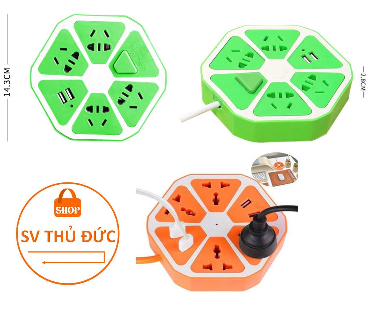( SV Thủ Đức ) Ổ điện tròn tích hợp Usb 2.0 A có 4 phích 220V và 2 jack USB 5V 2.0 A