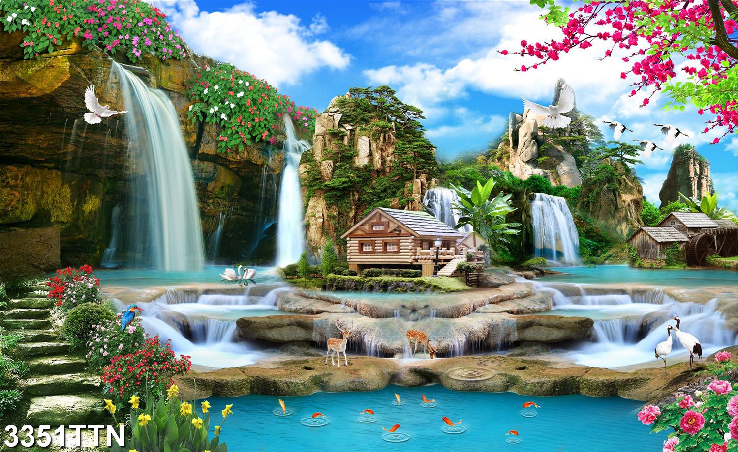 Rẻ vô địch -tranh dán tường 3d - miếng dán trang trí tường, phòng khách, phòng họp, quà tặng tân gia, khai trương - mẫu nước chảy sinh tài lộc - chất liệu tranh decal bóc dán - phù hợp với mọi không gian - m3351