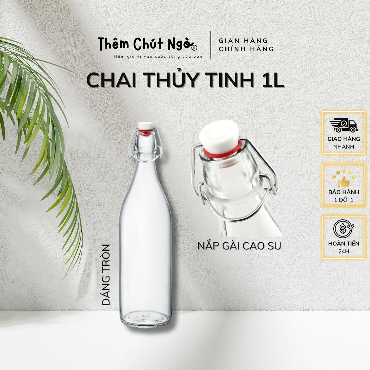 Chai thuỷ tinh nắp gài dáng cao 1000ml, chai thuỷ tinh nắp gài chuyên dùng làm trà Kombucha F2