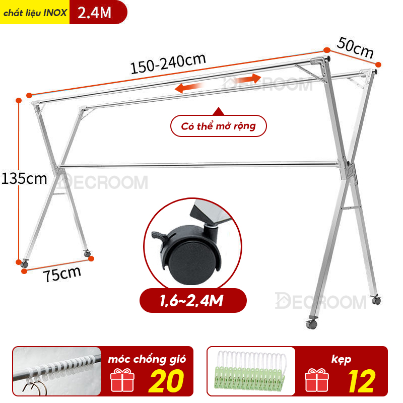 DECROOM Giàn Phơi Quần Áo Thông Minh, Sào Phơi đồ Inox Gấp gọn kiểu dáng giá phơi đồ có bánh xe tặng 20 móc treo cố định Xào Phơi Quần áo