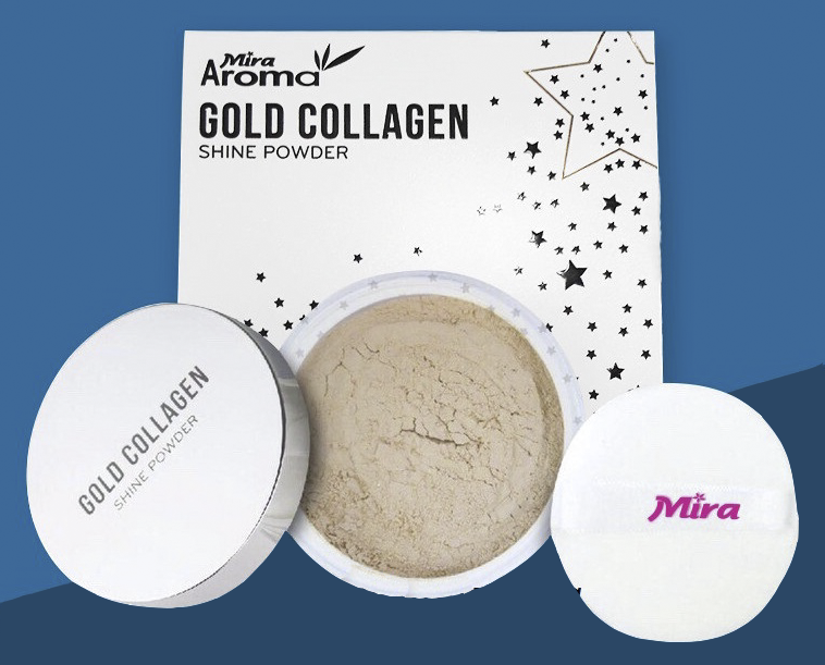 Phấn phủ dạng bột kềm dầu cho da láng mịn mira aroma gold collagen shine powder 18g